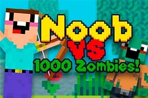 Egy kockás stílusú karakter íjjal és nyíllal áll szemben egy zöld zombival, a háttérben nagyméretű sárga és piros betűs Noob vs 1000 Zombies felirattal