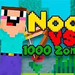 Egy kockás stílusú karakter íjjal és nyíllal áll szemben egy zöld zombival, a háttérben nagyméretű sárga és piros betűs Noob vs 1000 Zombies felirattal