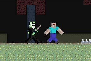 Egy pixel-art stílusú jelenet, ahol egy zöld arcú karakter fekete ruhában botot tart, és egy kék ruhás emberi figura közelében áll egy sötét háttér előtt