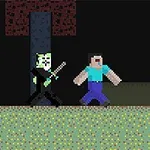 Egy pixel-art stílusú jelenet, ahol egy zöld arcú karakter fekete ruhában botot tart, és egy kék ruhás emberi figura közelében áll egy sötét háttér előtt