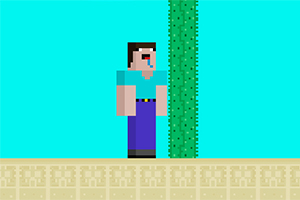 Egy pixelart stílusú karakter áll egy magas kaktusz mellett homokos talajon