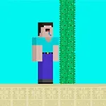 Egy pixelart stílusú karakter áll egy magas kaktusz mellett homokos talajon