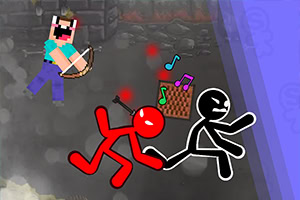 Egy pixeles figurával rendelkező karakter íjat tart, miközben két pálcikaember harcol, háttérben egy sakktáblával és zenei jegyekkel