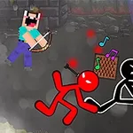 Egy pixeles figurával rendelkező karakter íjat tart, miközben két pálcikaember harcol, háttérben egy sakktáblával és zenei jegyekkel