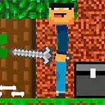 Pixeles karakterekkel ábrázolt jelenet, ahol egy zöld lény egy kardot szegez egy ember alakú figurának egy fa előtt, miközben mellette egy láda és csontok láthatók