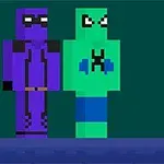 Két pixeles figura, az egyik lila színű, fekete szemmaszkkal, a másik zöld színű, mérges arckifejezéssel