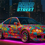 Egy színes, graffitivel díszített sportautó neonfénnyel megvilágítva egy éjszakai város háttér előtt
