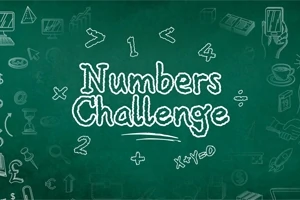 Zöld táblára fehér krétával írt Numbers Challenge felirat, körülötte matematikai szimbólumok és ikonok