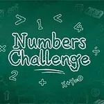 Zöld táblára fehér krétával írt Numbers Challenge felirat, körülötte matematikai szimbólumok és ikonok