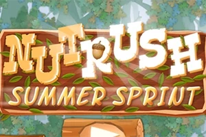Fás háttér előtt Nut Rush Summer Sprint fehér betűkkel írt logó zöld levelekkel díszítve