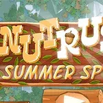 Fás háttér előtt Nut Rush Summer Sprint fehér betűkkel írt logó zöld levelekkel díszítve