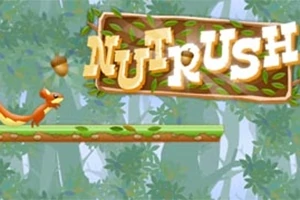Egy rajzolt mókus egy faágon fut, miközben egy makkot próbál elérni, a háttérben zöld lombos fákkal és a Nut Rush felirattal