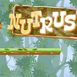Egy rajzolt mókus egy faágon fut, miközben egy makkot próbál elérni, a háttérben zöld lombos fákkal és a Nut Rush felirattal