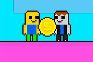 Két pixel art karakter tart egy nagy arany érmét kék és rózsaszín háttér előtt