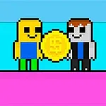 Két pixel art karakter tart egy nagy arany érmét kék és rózsaszín háttér előtt