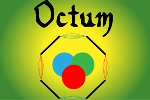 Fekete, kalligrafikus betűtípusú Octum felirat, alatta három színes kör (kék, zöld, piros) egy hatszögben, sárga háttér előtt