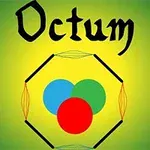 Fekete, kalligrafikus betűtípusú Octum felirat, alatta három színes kör (kék, zöld, piros) egy hatszögben, sárga háttér előtt