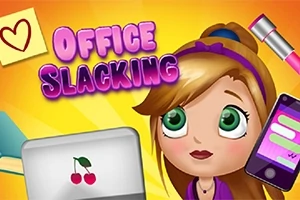 Rajzolt lány nagy zöld szemekkel, laptop cseresznye matricával, mobiltelefon és smink cucc, élénk színű háttérrel és Office Slacking felirattal