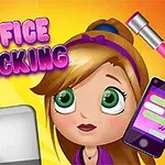 Rajzolt lány nagy zöld szemekkel, laptop cseresznye matricával, mobiltelefon és smink cucc, élénk színű háttérrel és Office Slacking felirattal
