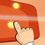Egy kéz megérint egy piros gombot, amelyen két világító sárga jel található