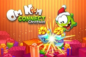 Zöld, karácsonyi sapkát viselő figura mosolyog ajándékcsomagokkal és csillaggal díszített háttér előtt