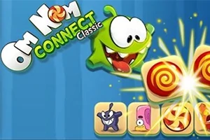 Egy rajzfilmfigura nagy szemekkel és kinyújtott nyelvvel néz egy világító nyalókára, miközben a bal oldalon a Om Nom Connect Classic felirat látható