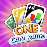 Színes lila háttér előtt három kártyalap látható +2, forduló nyilak és +4 jelzésekkel, alatta pedig az ONE Card game felirat