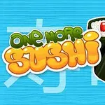 Színes felirat sushidarabokkal világoskék háttér előtt, fa evőpálcikákkal