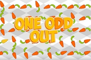 Narancssárga ONE ODD OUT felirat szürke sakktábla mintás háttér előtt, körülötte sárgarépák zöld levelekkel