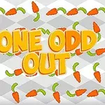 Narancssárga ONE ODD OUT felirat szürke sakktábla mintás háttér előtt, körülötte sárgarépák zöld levelekkel