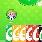 Zöld háttér előtt különböző színű és számú kártyalapok, egy kör alakú avatar, és egy pakli kártya látható