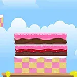 Rózsaszín és barna emeletes torta kockás alapzaton, kék égbolttal és felhőkkel a háttérben