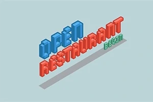 Színes, háromdimenziós stílusú szöveg, amely azt mondja: OPEN RESTAURANT BEGIN