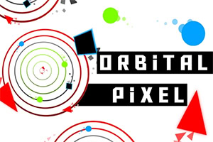 Színes körök és geometriai alakzatok fehér alapon, Orbital Pixel felirattal