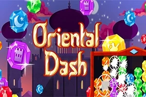 Színes drágakövek és fogaskerekek keverednek egy építészeti háttér előtt, Oriental Dash felirattal középen