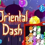 Színes drágakövek és fogaskerekek keverednek egy építészeti háttér előtt, Oriental Dash felirattal középen