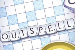 Scrabble-szerű játéktábla, rajta OUTSPELL szó kirakva