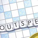 Scrabble-szerű játéktábla, rajta OUTSPELL szó kirakva