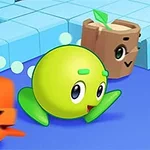 Színes, rajzfilmszerű figurák egy kék négyzetekkel kirakott pályán, középen egy zöld gömb alakú alakzat