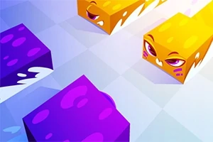 Színes, animált kockák mozognak egy négyzetrácsos háttéren, lila és sárga árnyalatokban, arcokkal díszítve