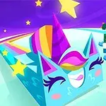 Két színes, kocka alakú figura boldogan vagy vicsorogva versenyez egy csillagokkal és szivárvánnyal díszített pályán