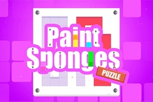 Színes „Paint Sponges Puzzle” felirat lila háttér előtt, táblás alakzattal és színes blokkokkal