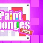 Színes „Paint Sponges Puzzle” felirat lila háttér előtt, táblás alakzattal és színes blokkokkal