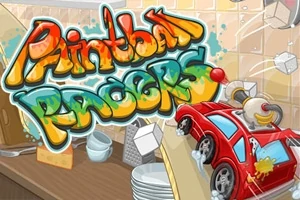 Egy piros játékautó egy konyhai pulton, színes graffitivel és kiömlő vízzel körülvéve