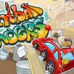 Egy piros játékautó egy konyhai pulton, színes graffitivel és kiömlő vízzel körülvéve