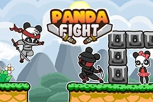 Két panda harcos küzd egymással egy platformos, rajzfilmszerű tájon, háttérben hegyekkel és egy virág
