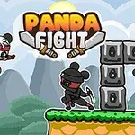 Két panda harcos küzd egymással egy platformos, rajzfilmszerű tájon, háttérben hegyekkel és egy virág