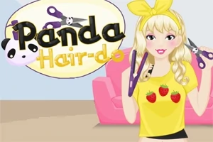Szőke lány sárga felsőben és hajpánttal, hajvasalóval és ollóval; a háttérben rózsaszín kanapé és „Panda Hair-do” felirat látható
