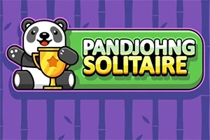 Rajzfilm stílusú panda trófeával, zöld téglalapban Pandjohng Solitaire szöveggel, lila háttér előtt