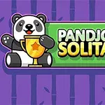 Rajzfilm stílusú panda trófeával, zöld téglalapban Pandjohng Solitaire szöveggel, lila háttér előtt